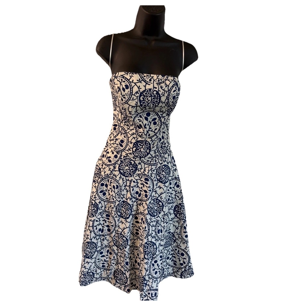 Tabitha Simmons Blue White Paisley Midi Dress Bustier Fit Flare Designer Sz